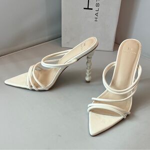 Halston Heritage White Strappy Sculpted-Stem Stiletto Mule. 9 NIB